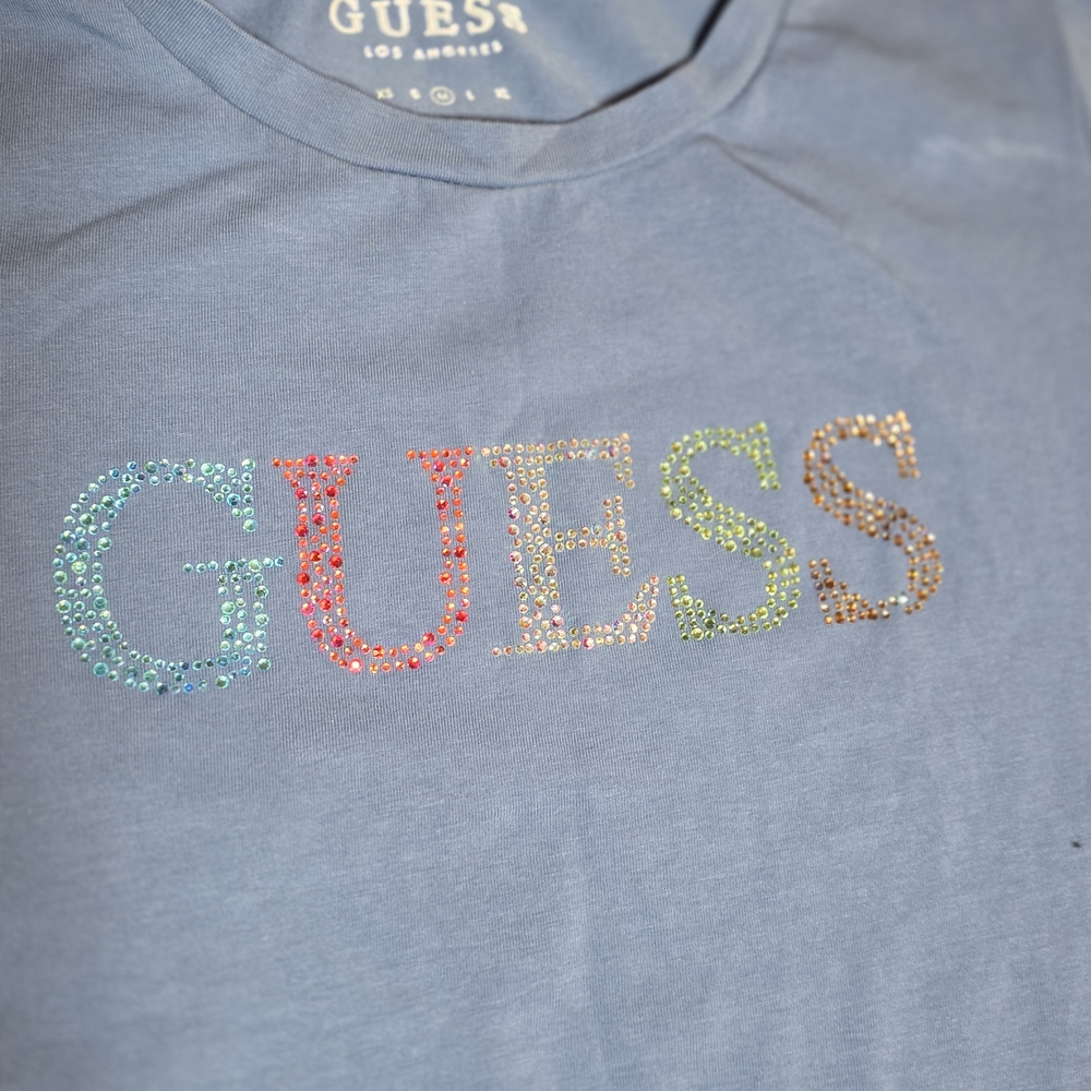 GUESS Navy Tee with Multicolor Rhinestone Logo - Picture 3 of 9